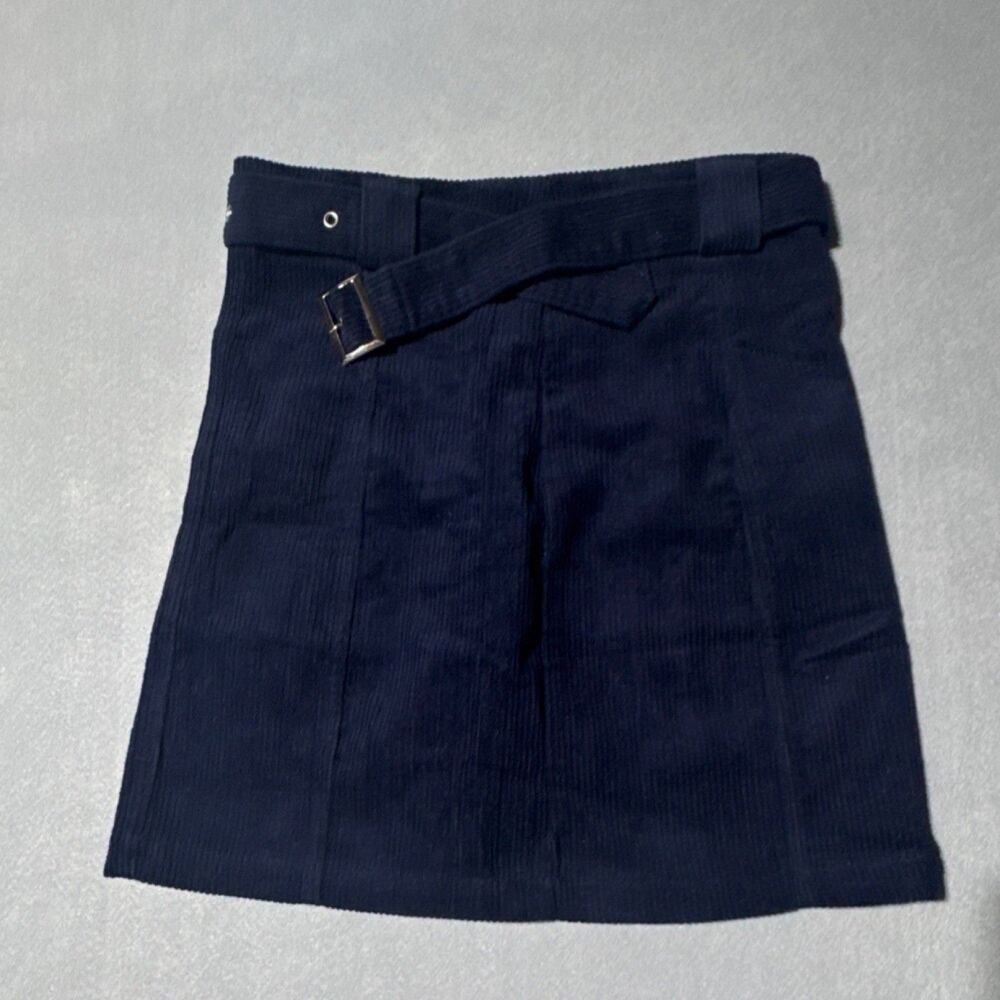 Women's Navy Blue Corduroy Buckle Accent A-Line Short Skirt Size M
